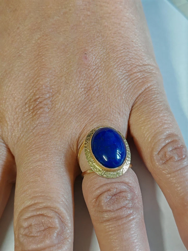 Anello donna lapislazzulo blu argento 925 placcato oro giallo fascia regolabile - Immagine 2 di 4