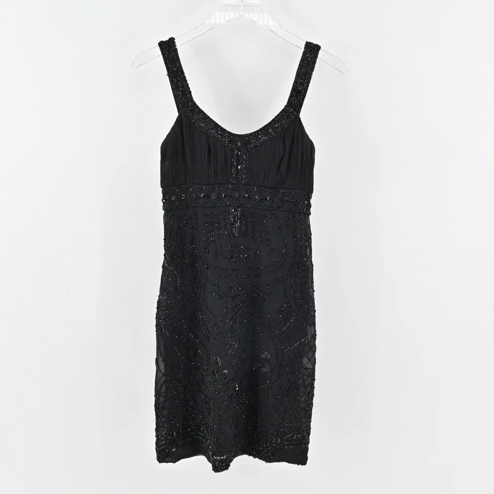 Vestido Babydoll De Colección Y2k SUE WONG Talla 2 Negro Seda Lentejuelas Cuentas Cintura Imperio Foto 2 de 4