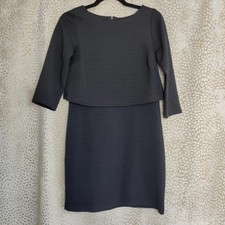 Mango MNG Suit Black Ribbed Overlay Dress 3/4 Sleeve Mini Size XS Office Siren