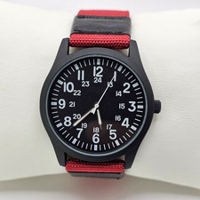 Men's 42MM Military Field Watch Black Case Black Dial Red Black Canvas Bands
