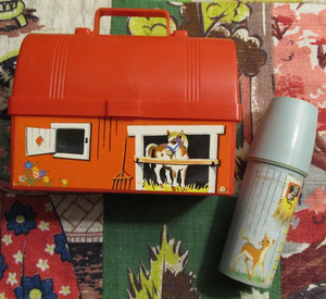 Vintage '63 red Barn & Silo Fisher Price Mini lunch box & "Thermos" toy