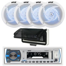 Pyle Single DIN Marine Bluetooth Receiver, Cover, 4x 4" 100W Blue LED Speakers