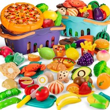 115 pcs Cutting Play Food Toy for Toddler Pretend Kitchen, 2 Storage Baskets