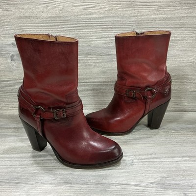 Frye Jenny Plate Short Burgundy Red Leather Harness Boots Heels Women s 8.5 B