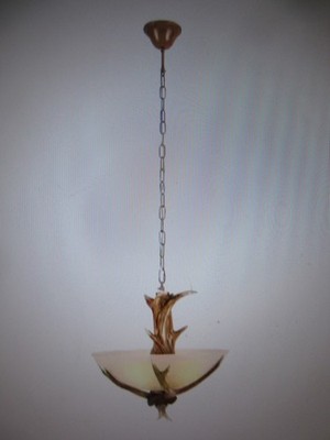 Oukaning 3-Light Brown Retro Resin Antler Pendant Light with Frosted Glass Bowl