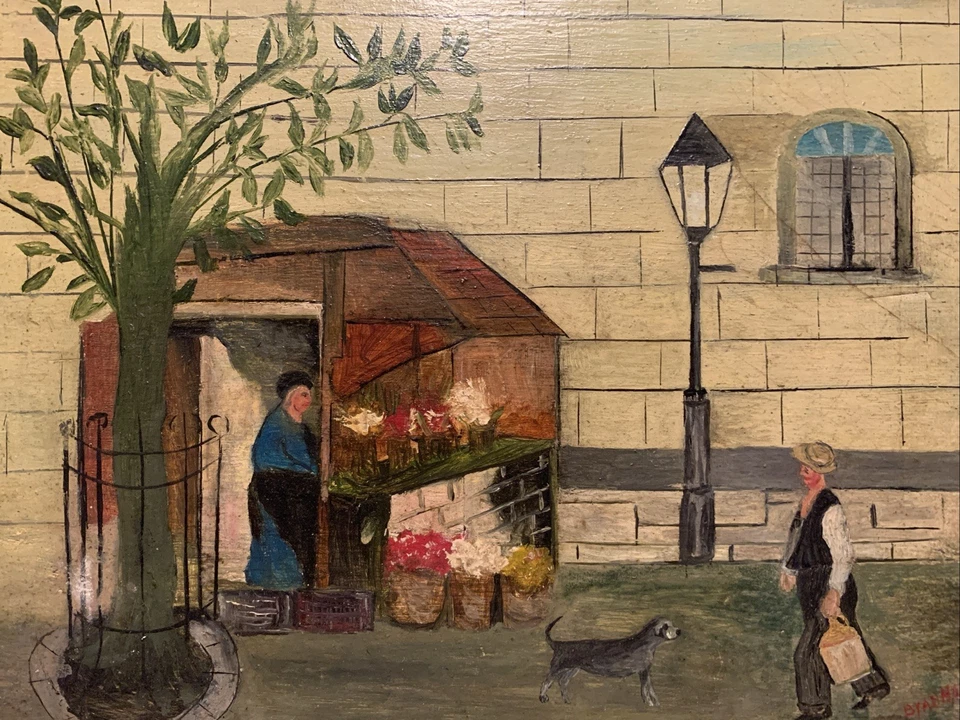 Pintura Original Enmarcada Arte Popular Firmado De Colección PARÍS FLOWER MONGER DOGGIE Foto 4 de 4