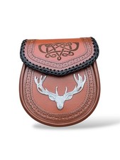 Scottish Men's Celtic Style Stage Head Badge Brown Leather Kilt Sporran Chain
