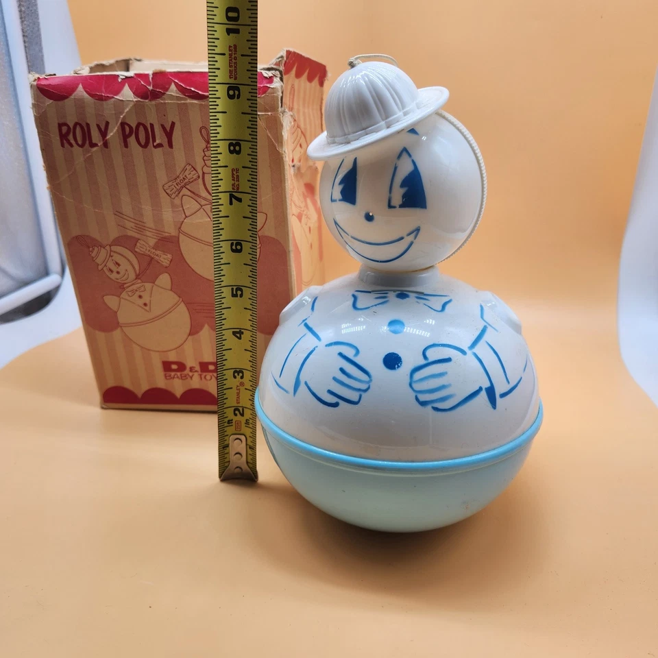 Vintage Roly Poly Clown Toy D&D Baby Toys Blue White 9" Plastic Wobbler In Box - Image 2 of 4