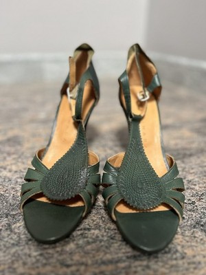 Chie Mihara Green Leather T-Strap Heel Sandals Shoes Women's Size 37.5 US 7.5
