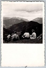 Vtg B&W Snapshot Four Hikers Resting Mountain View Alps Landscape 1930s