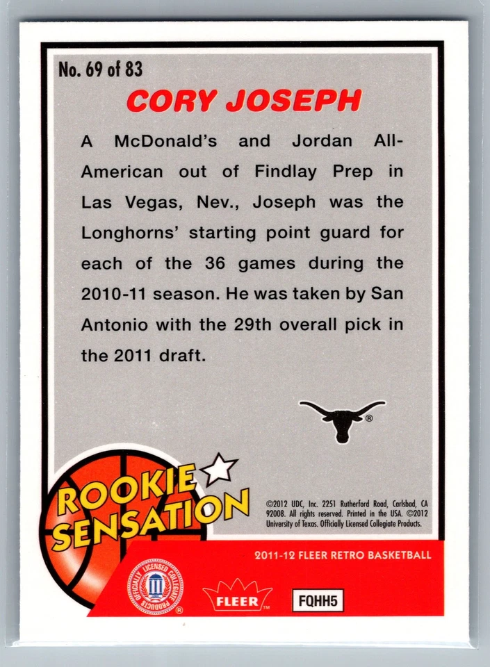 2011-12 Fleer Retro #69 Cory Joseph Texas Longhorns RC Rookie - Image 2 of 2