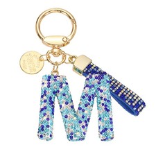 Initial Letter Keychain, Gift Bling Letter-M Key Chain for Women, Blue