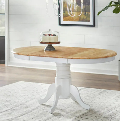 Country Style Pedestal Table: Solid Wood w/ 22in Leaf - White Finish, Nat Top