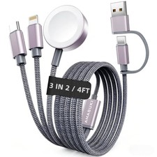 4ft 3-in-2 Multi Charging Cable for Apple Watch iPhone USB-C Nylon Braided Gray