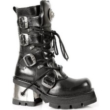 NEWROCK 373-S33 Damas Negro 100% Cuero Gótico Punk Emo Rock Botas de Motociclista