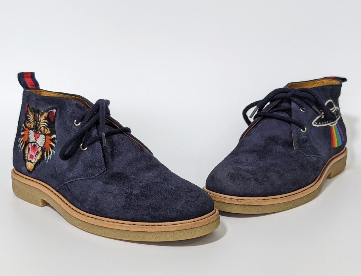 Gucci Wild Cat Spaceship Motif Suede Leather Boots Blue Sz 35 EU