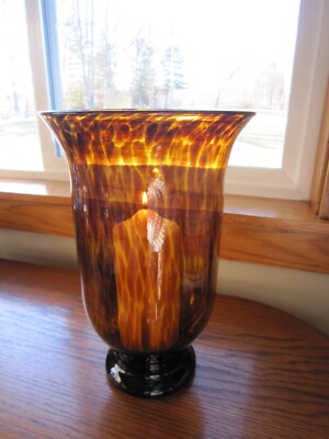 Hurricane Candle Holder Tortoise Shell Amber Glass 12