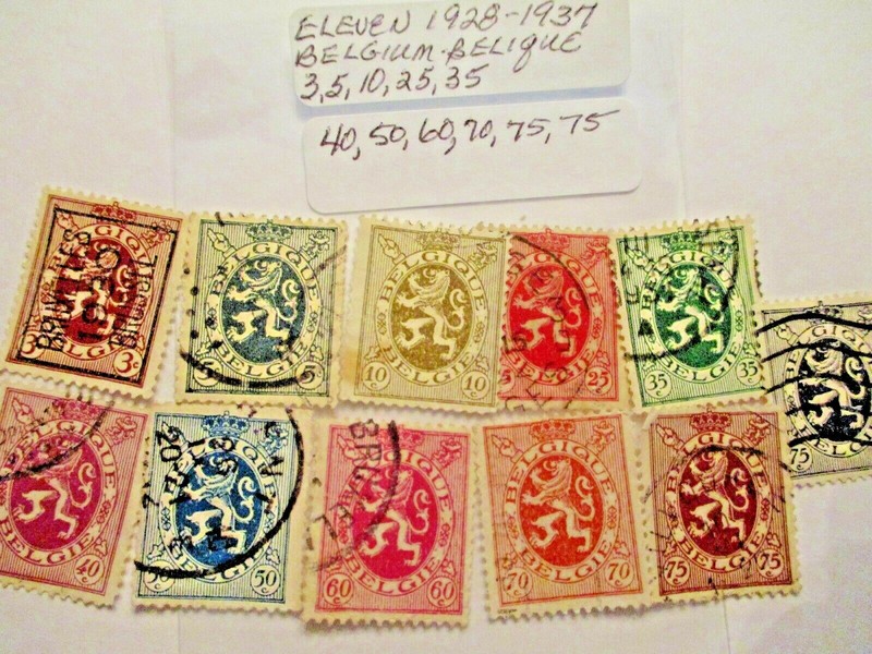 Eleven 1928-1937 Belgium-Belique Postage Stamps -3,5,10,25,35,40,50,60,70,75,75