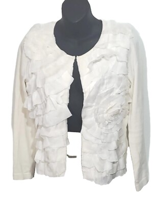 Michael Simon PS Silk Rosettes Open Front Hook Eye Close Ivory Cardigan Sweater