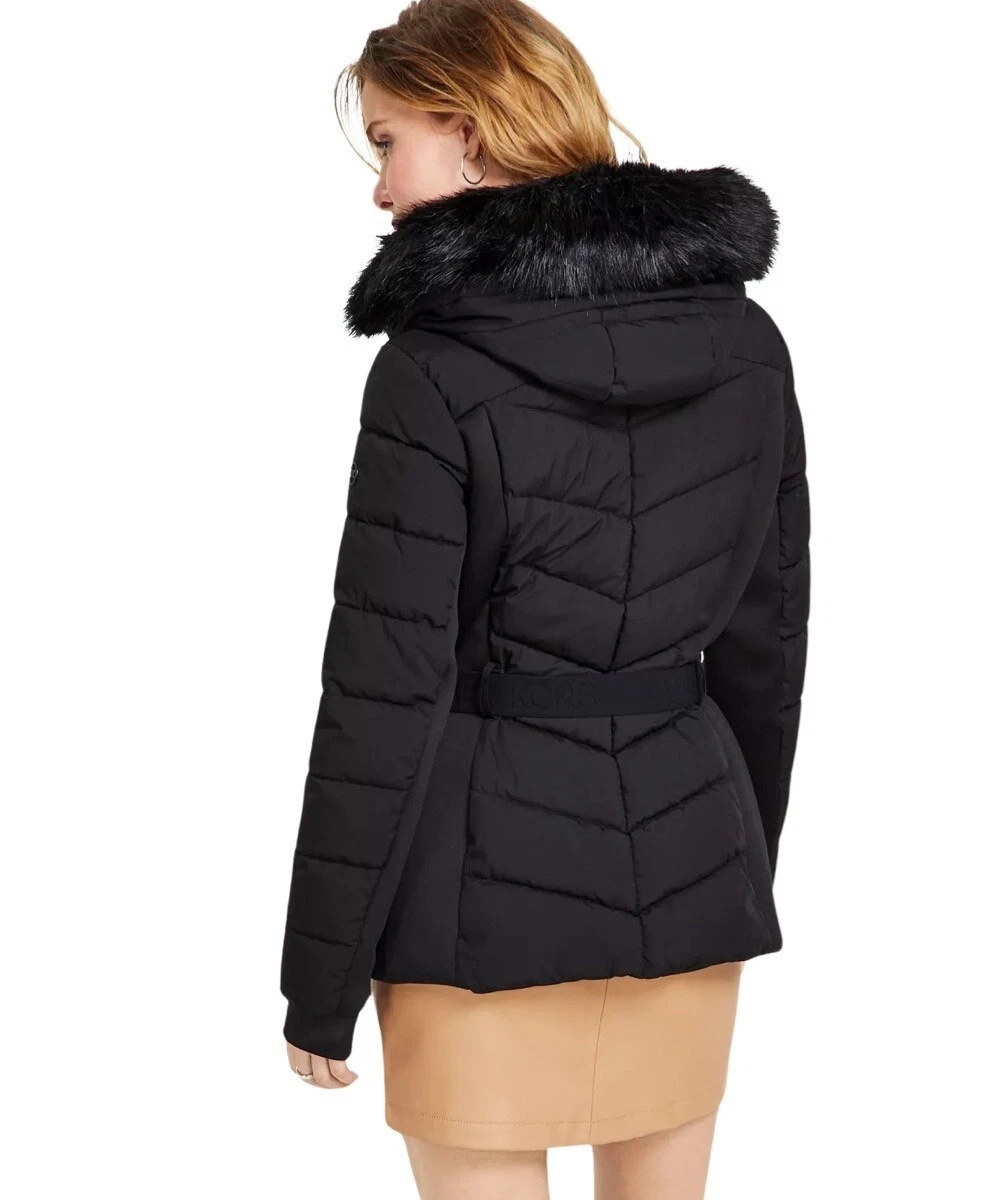 Michael Michael Kors Donna Cappuccio Cintura Scuba Cappotto Pelliccia Finta Giacca Nero S