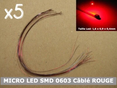 Pack 5pcs MICRO LED SMD 0603 ROUGE câblé 12V + R 1KΩ MODELISME JOUEF MKD - Bild 1 von 4