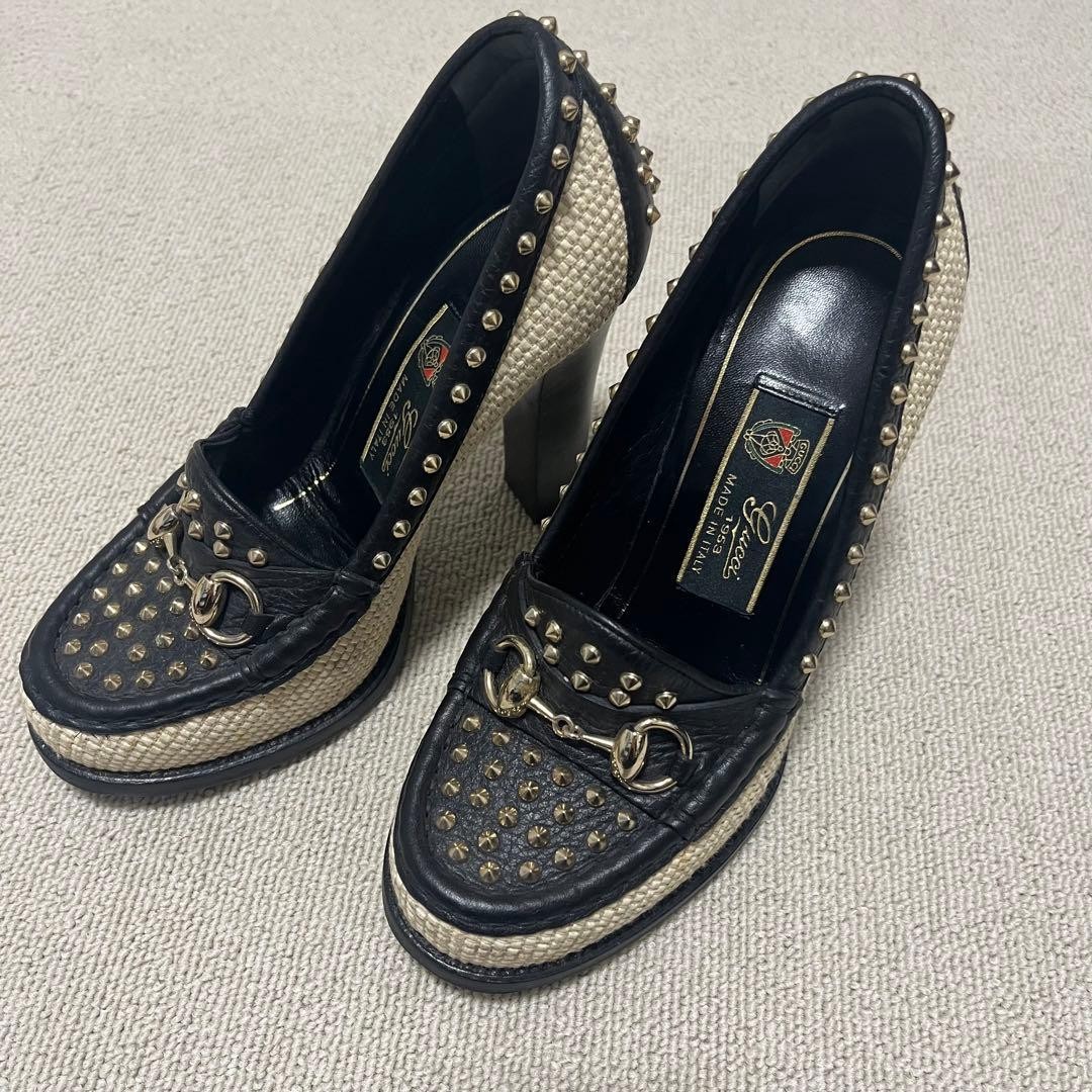 Auth Gucci Studded Pumps Leather Black Beige Logo Heel EU36.5 US6.5 UK3.5 thumbnail 21