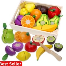 Wooden Play Food for Kids Kitchen Cutting Fruits Toys for Toddlers Pretend Ve...