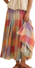 Women Multicolour Plaid Ruffle Elastic Waist Flowy Long Skirt Summer Ruche Color
