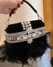 Luxury Ostrich Hair Evening Bag Wedding Clutch Purse Glitter Diamonds Handbag