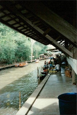 Vintage Found Photo Local river Maket with small Canoes