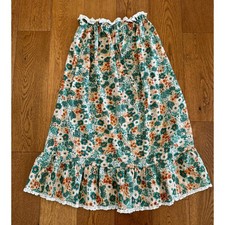Vintage 70s Calico Floral Prairie Maxi Skirt Eyelet Lace Cottagecore Elastic S