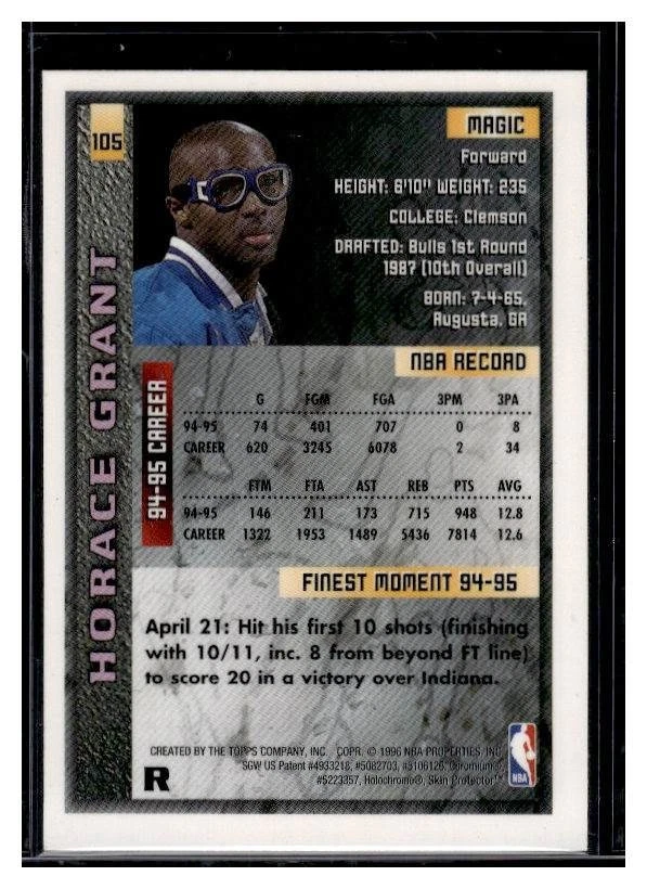 1995-96 Topps Finest Horace Grant #105 Refractor w/Coating Orlando Magic - Image 2 of 2