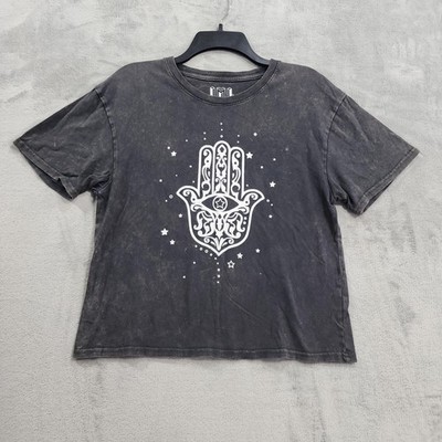 Isaac Morris Shirt Womens S Gray Hamsa Hand Evil Eye Graphic Tee Boho Cropped
