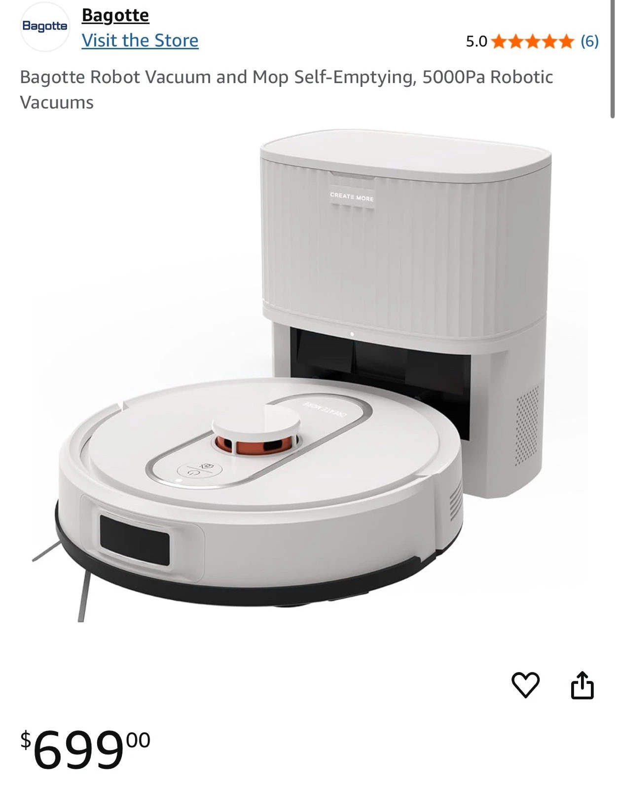 Bagotte Robot Vacuum and Mop Self-Emptying, 5000Pa Robotic Vacuum