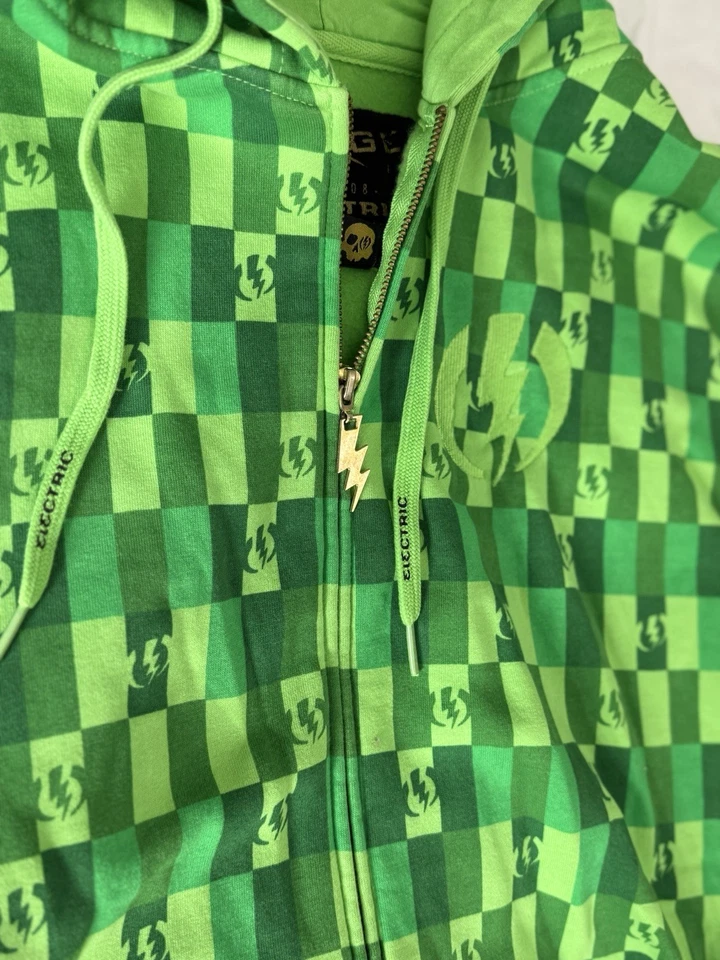 Sudadera con Capucha Electric Visual Verde a Cuadros Cremallera Completa Grande De Colección Y2K Foto 2 de 4