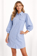 GANNI Blue White Stripe Organic Cotton Puff Sleeve Button Down Mini Dress SZ 16