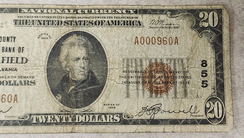 Ser. 1929 $20 National Note - #855 Clearfield, PA - Lower Serial # - Folds - Image 4 of 4