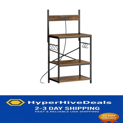 Durable Kitchen Microwave Stand with Adjustable Shelves & Hooks - Rustic Charm