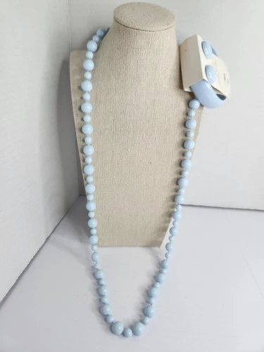 Vintage Light Blue Necklace Bracelet Earrings Set Pastel Retro Costume Jewelry