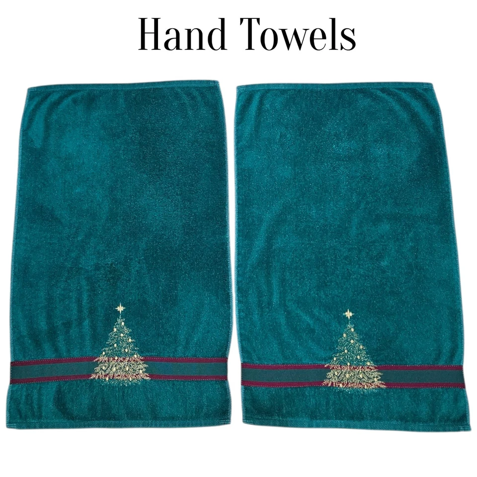 VTG Christmas Tree Towel Set 2 Bath Towels 2 Hand Towels Holiday Green Red Gold - Image 4 of 4