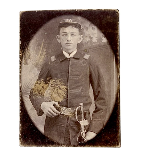 Antique Civil War Belt/Sword Photo Soldier Uniform "EG" Initials on Cap Vtg 1890