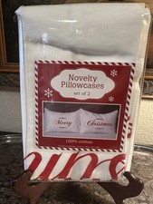 NEW-S/2-Novelty Standard Size Pillowcases-MERRY CHRISTMAS-100 Cotton-Red/White