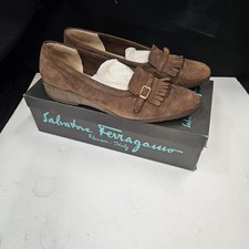 Vintage Salvatore Ferragamo Women's Brown Suede Fringe Loafers Shoes Size 8B