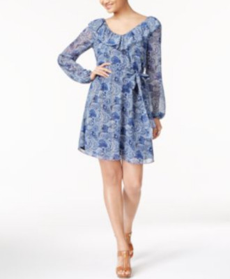 Michael Kors MK Kinley Ruffled Wrap Dress True Navy Large $155 Paisley Blue