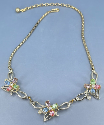 Kramer Flower Necklace Choker multi colored Rhinestones gold tone 15''