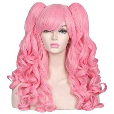 Cute Long Curly Cosplay Wig with 2 Detachable Ponytails Light Pink