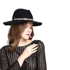 Women Big Brim Wool Felt Fedora hat Winter Cap with Tribal Print Band
