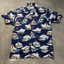 PARADISE FOUND Lighthouses Hawaiian Aloha Button Up Shirt SMALL Magnum PI Y2K