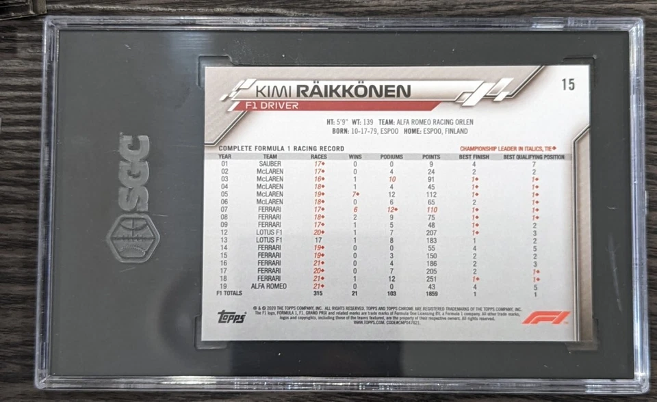 KIMI RAIKKONEN - 2020 Topps Chrome Sapphire F1 Formula 1 #15 SGC 10 - Image 2 of 2