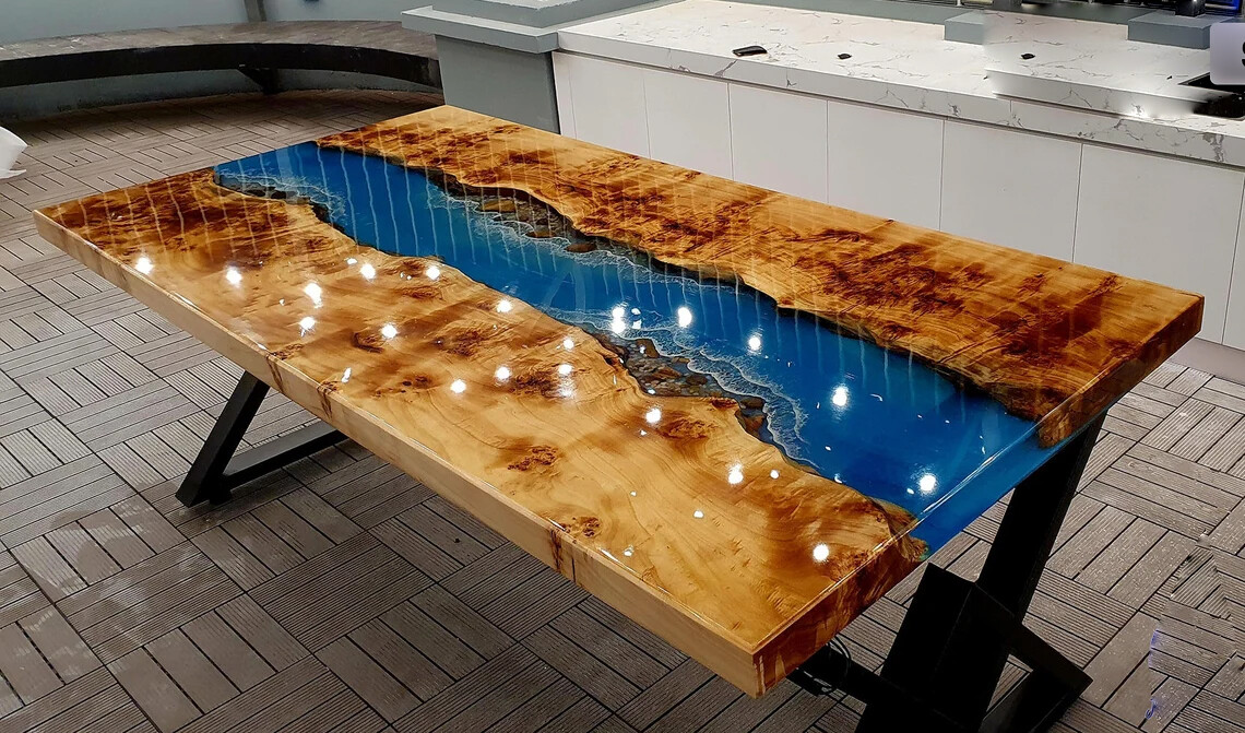 Custom Blue Ocean Epoxy Resin Table, Handmade Dining Room Table, Resin Table Top